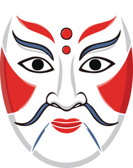 A stylized illustration of a Kabuki theater mask, showcasing bold colors and intricate details.