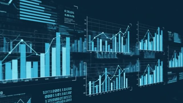 Scrolling Holographic Charts with Binary Digits and Parallax Motion in Futuristic Data Newsroom