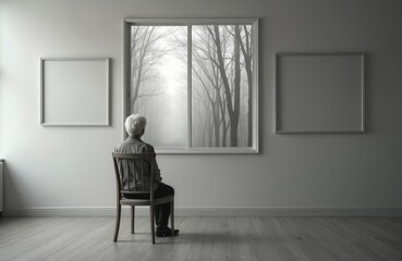 Elderly person gazes out window at misty forest path. Empty frames on wall suggest memory loss. Symbolizes dementia, isolation, mental health challenges in seniors. Focus on psychological impact.