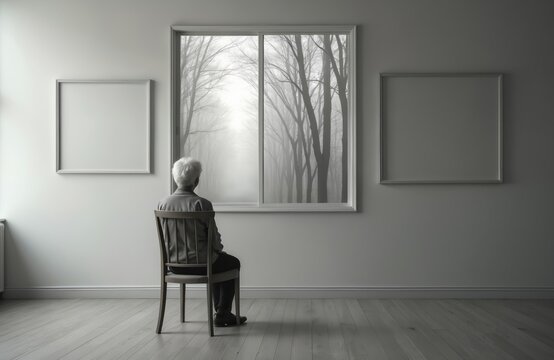 Elderly person gazes out window at misty forest path. Empty frames on wall suggest memory loss. Symbolizes dementia, isolation, mental health challenges in seniors. Focus on psychological impact.