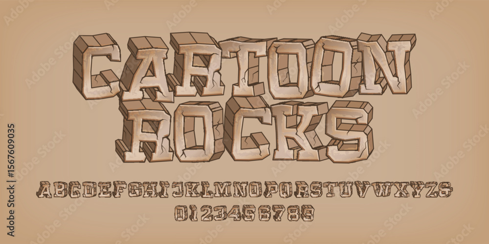 Poster cartoon rocks alphabet font. 3d letters, numbers and symbols with cracks. stock vector typeface for 