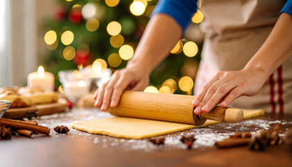 Woman rolling dough with Christmas baking.