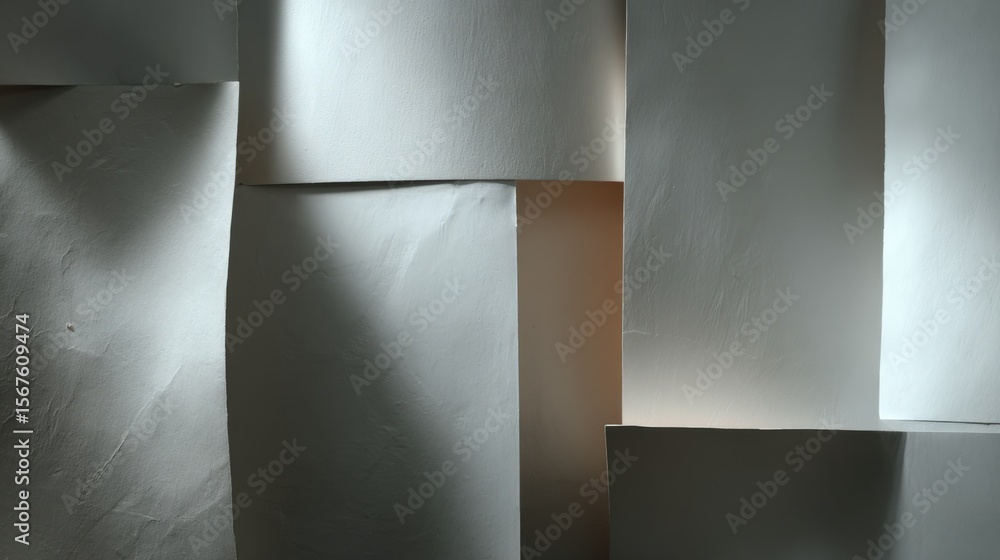 Poster Abstract minimalist photo of smooth white geometric paper sculptures with soft shadowing and natural lighting on neutral background