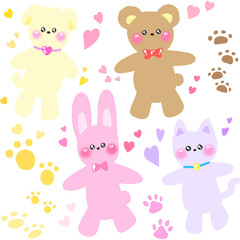 Cute Animal Character Set – Puppy, Bunny, Bear and Cat in Pastel Clipart PNG