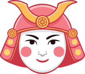 Cartoon illustration of a samurai warrior's face with a pink helmet and a smiling expression.