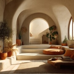Beige, arched, sunlit interior;  terracotta accents.  Natural light, warm tones.  Relaxing, inviting space