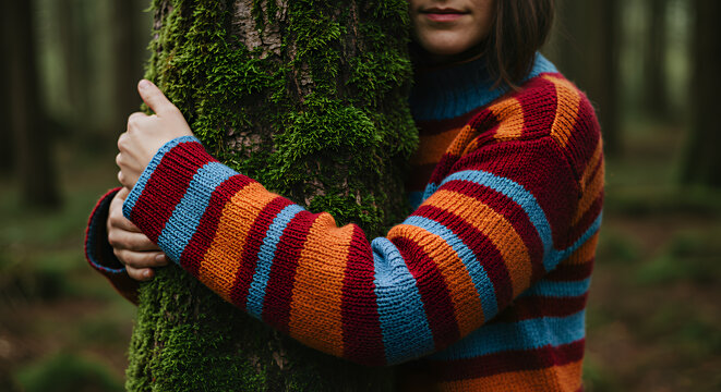 Woman Hugging Mossy Tree in Striped Sweater - Powered by Adobe