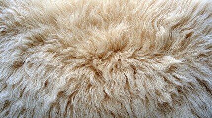 Close-up view of a soft, light beige sheep's wool rug.  Natural, fluffy texture