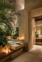 A serene spa-like bathroom with a plunge pool and lush greenery. Soft beige and neutral tones, natural wood accents