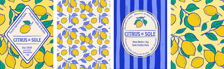 Vintage summer designs with lemon illustrations and seamless patterns.