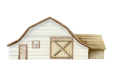 Wooden barn watercolor illustration isolated on white. Hand drawn rural farmhouse clip art for fall farm and village designs in warm brown colors