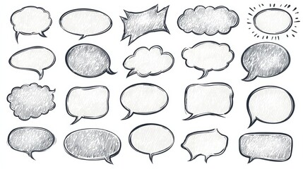 Hand-drawn speech bubbles in varied shapes and styles, featuring rounded, angular forms with decorative rays and cloud-like edges, 