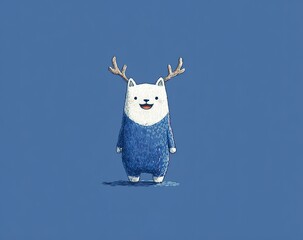 A cute cartoon character with deer antlers, simple style, white background, blue outline, simple design, minimalism, cute little eyes and mouth, white body, small ears, no shadows, simple shapes, flat