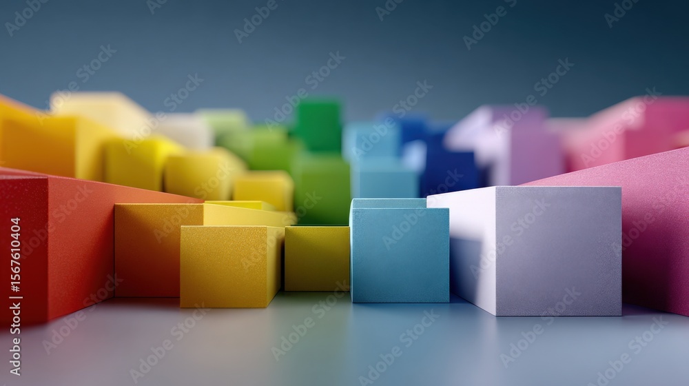 Aufkleber colorful building blocks of different sizes in bright shades arranged in a row on a flat surface wit