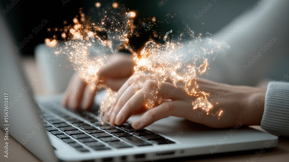 Poster Person typing on a laptop computer with glowing digital sparks and abstract light effects illustrating technology and connectivity innovation