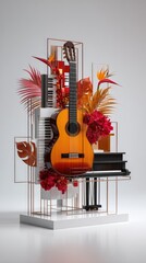 Abstract musical arrangement with guitar, piano, and flowers.  Geometric shapes, metallic frames