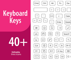 set of Keyboard Keys Line Icons, Enter Key, Shift, Ctrl, Arrow Keys, Function Keys, Editable...