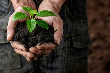 Ultra Quality Image of Closeup of Male Hands Holding Soil and Growing Plant