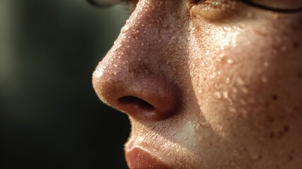 Close-up side profile of a sweaty person under natural sunlight, detailed skin texture and sweat droplets symbolizing intense summer heat and outdoor discomfort