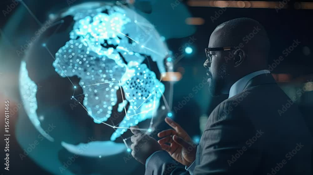 Poster businessman interacting with digital globe hologram in a dark modern office environment. technology 