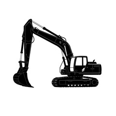 A black silhouette of an excavator machine, ready for construction work.