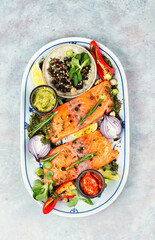 Fish fillet of salmon and ingredients.
