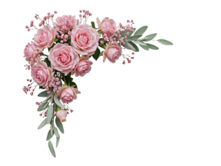 Delicate pink roses and baby s breath floral arrangement corner accent isolated on transparent background
