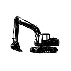A black silhouette of a heavy construction excavator isolated on white background.