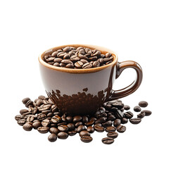 Fototapeta premium Brown coffee cup full of roasted beans dark background