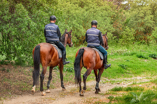 5 May 2025, Canakkale, Turkiye: Two gendarmes police mounted on horses are patrolling a park, ensuring security and maintaining order among trails