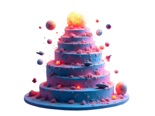 Layered Pastel Pink and Blue Cake with Orbiting Planets Spaceships and Glowing Spheres isolated on a transparent background