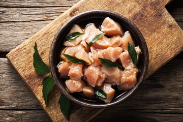 Raw chicken pieces in a ceramic bowl on a wooden board with fresh herb leaves