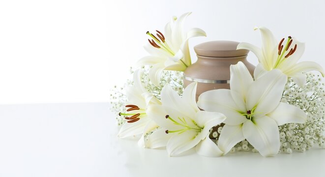 Cremation urn surrounded by white lilies and baby breath flowers arrangement. Memorial service tribute concept. Funeral homes, sympathy gifts, grief counseling services