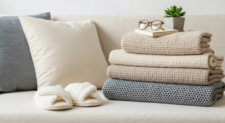 Stack of neutral colored blankets with slippers and plant on modern sofa. Cozy home textile arrangement for comfort and relaxation concept