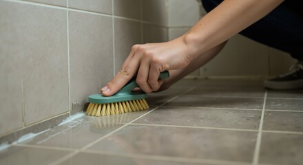 Hand scrubbing bathroom floor tiles with green cleaning brush. Deep cleaning and household maintenance concept for domestic hygiene services