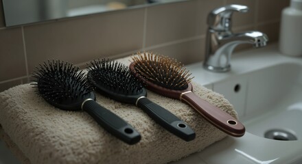 Hair brushes collection on bathroom counter near sink and faucet. Personal grooming tools and beauty accessories for daily hair care routine
