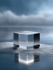 Transparent ice cube on misty surface with blue sky backdrop