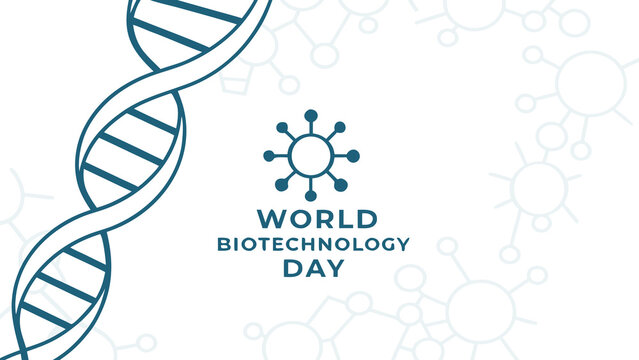 Modern minimalist World Biotechnology Day design featuring a DNA helix and abstract molecule illustrations; clean, professional style conveying scientific advancement and innovation in biotechnology.