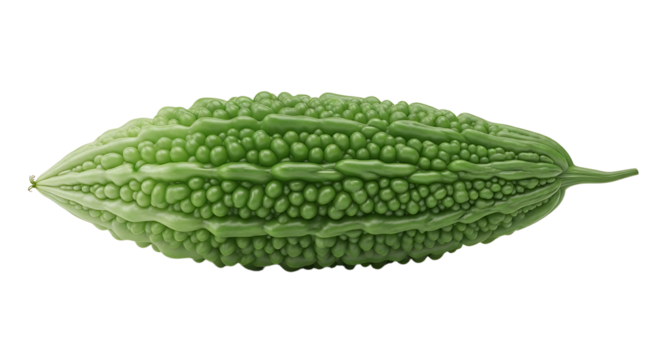 Single bitter melon against a white backdrop, showcasing its bumpy texture and green color