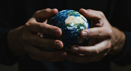 Cupped hands protecting miniature Earth globe on dark background. Environmental conservation and planet protection concept. Green technology, sustainability consulting services
