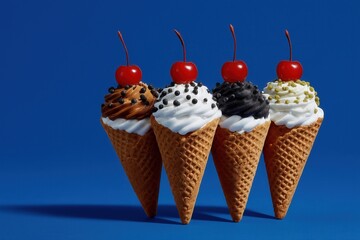 Four waffle ice cream cones with toppings and cherries on blue background