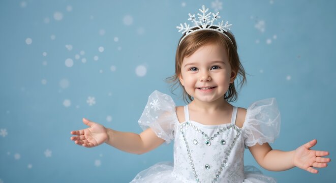 Happy toddler girl wearing white princess dress with snowflake crown on blue snowy background. Winter fairy tale costume for Christmas celebrations and children parties