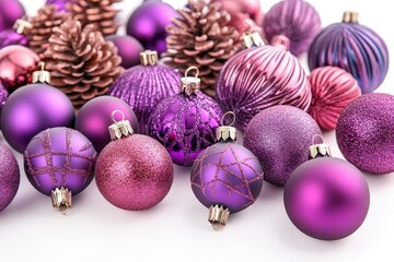 Vibrant Christmas Decorations Isolated on White Background, Depth of Field