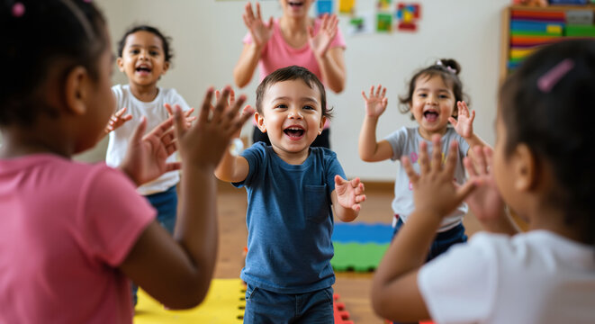 Happy diverse children clapping hands together in colorful classroom. Multicultural education and teamwork concept for preschool and elementary school programs