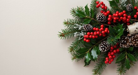 Christmas wreath with red berries holly leaves and pine cones on beige background. Traditional holiday decoration for festive seasonal marketing campaigns