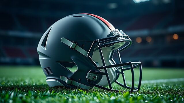 American football helmet on green turf under dramatic lighting, capturing sports intensity.