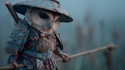 Fantasy samurai owl in misty armor with glowing eyes and katana
