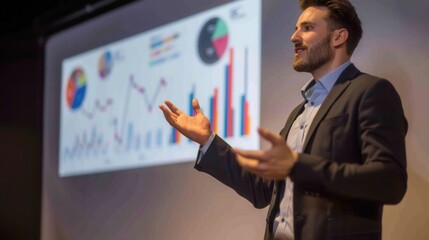 Business speaker presenting data charts and graphs