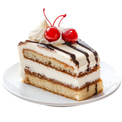 Delicious layered cake with cherries and chocolate topping on a plate