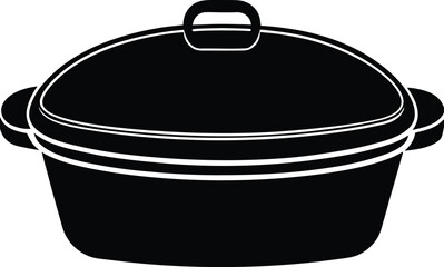 Black and white illustration of a covered oval roasting pan